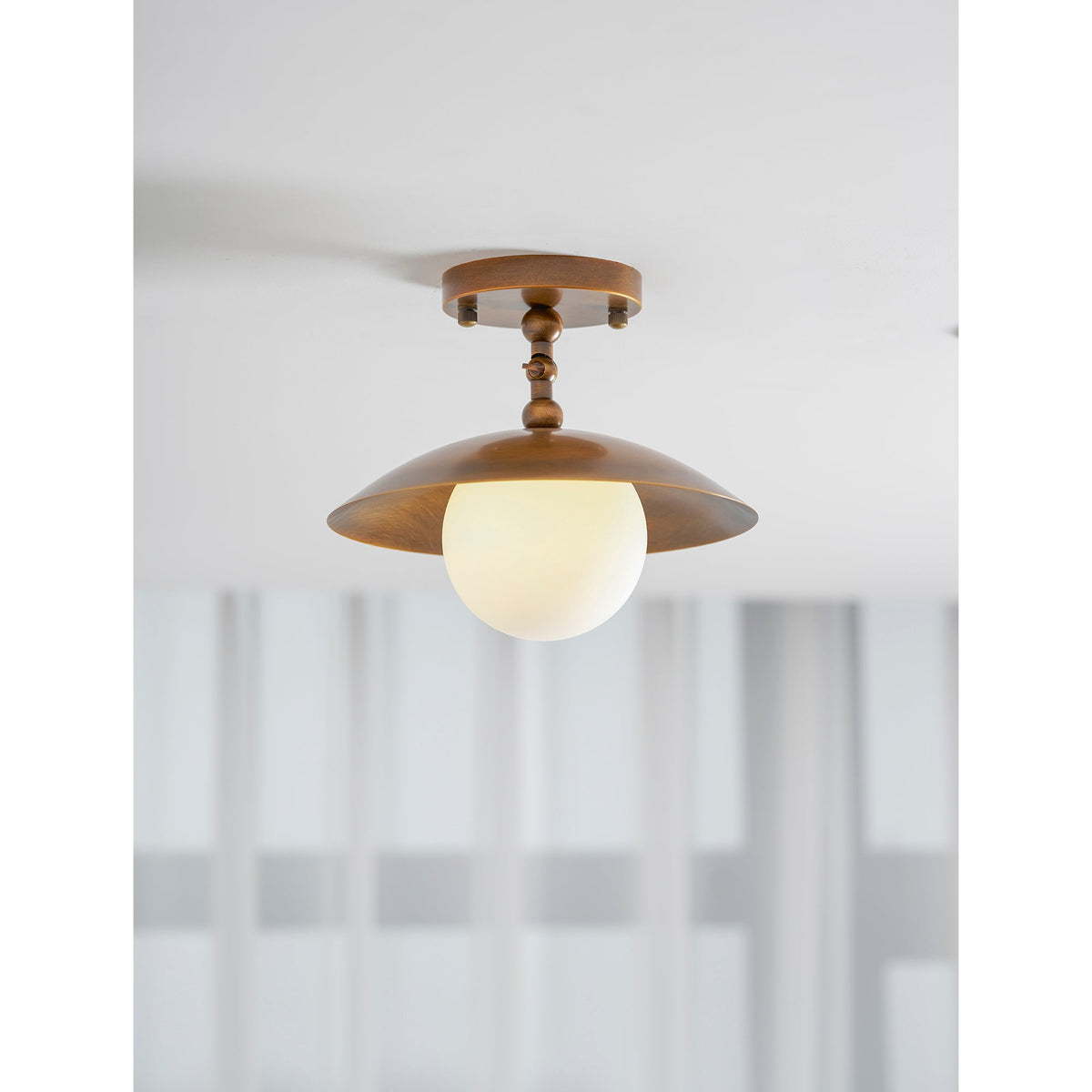 Brass Dome Semi-Flush Ceiling Lamp with Alabaster Shade | Mid-Century Light