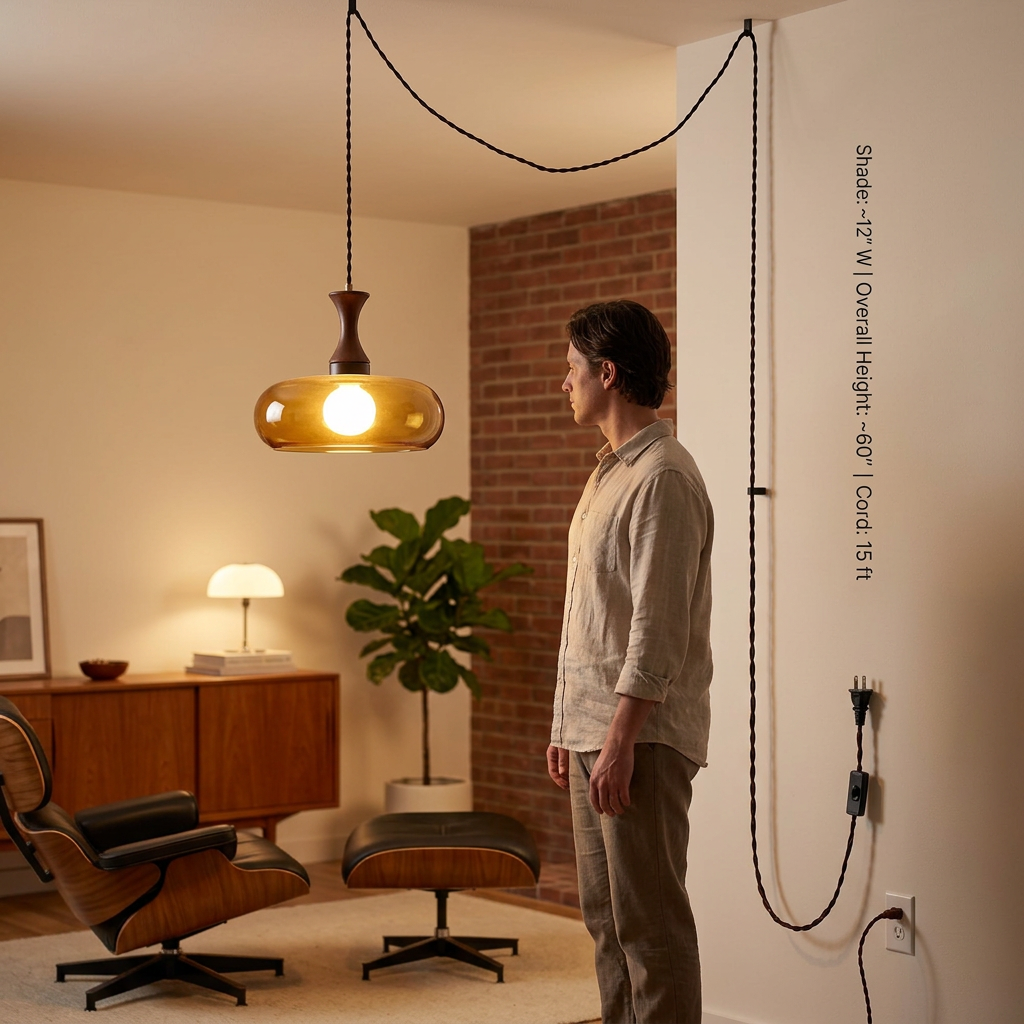 Plug-In Glass Pendant Light with No Hardwiring | Antique Brown Shade for Any Room