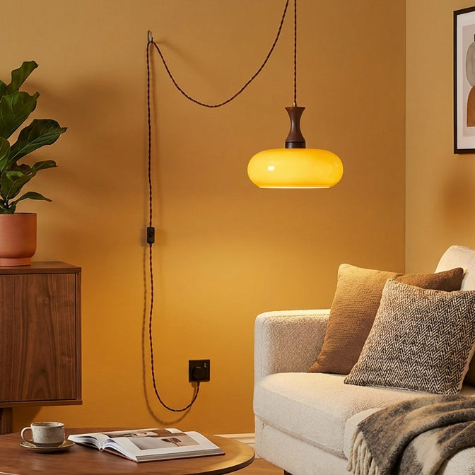 Plug-In Glass Pendant Light with No Hardwiring | Antique Brown Shade for Any Room