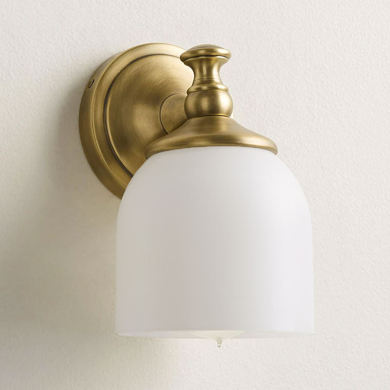 Vanity Glow Series | Brass Short Arm Wall Sconce with Milk Glass Dome for Bathroom
