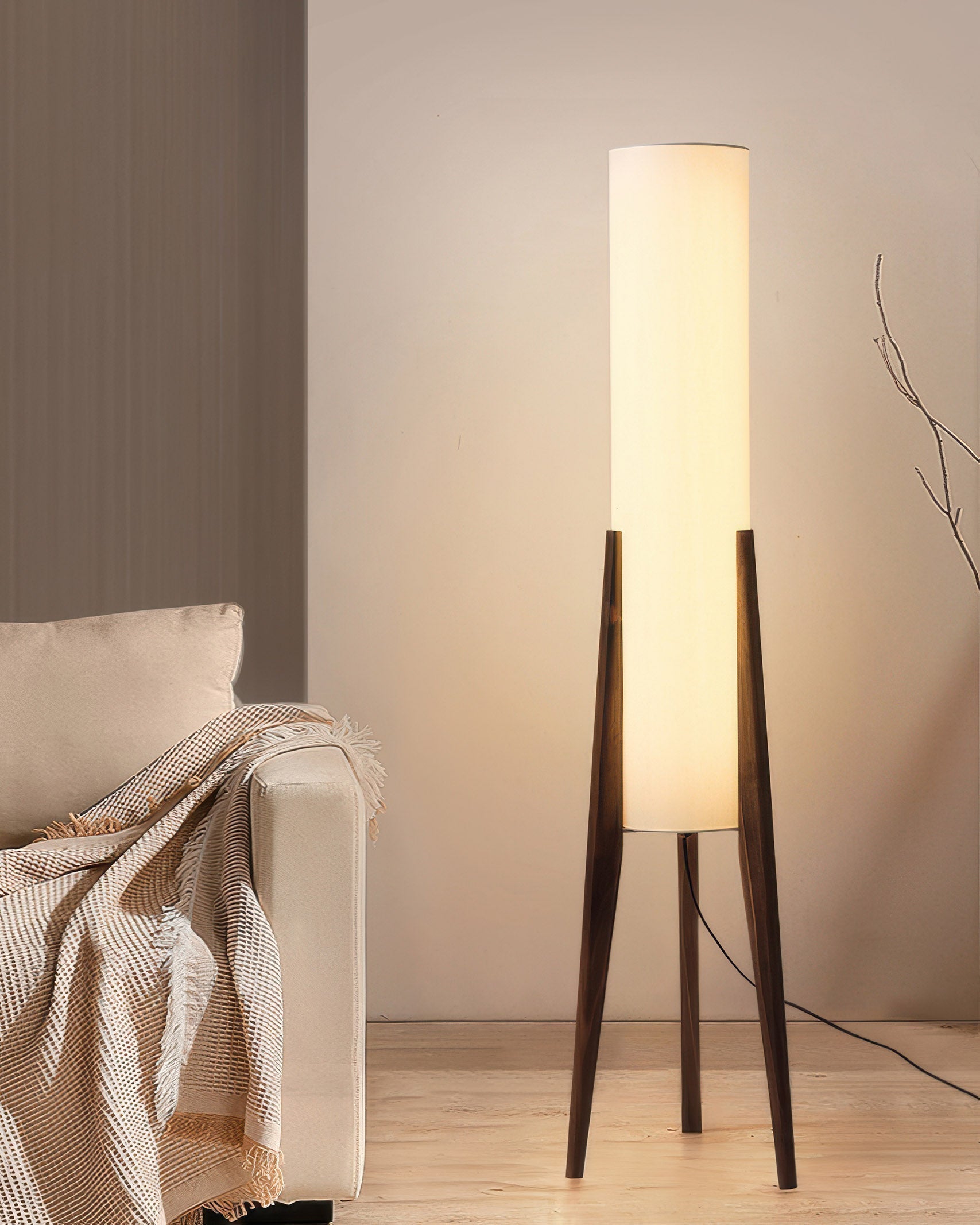 Walnut Wood Floor Lamp Nordic LED Standing Lamp with Fabric Shade