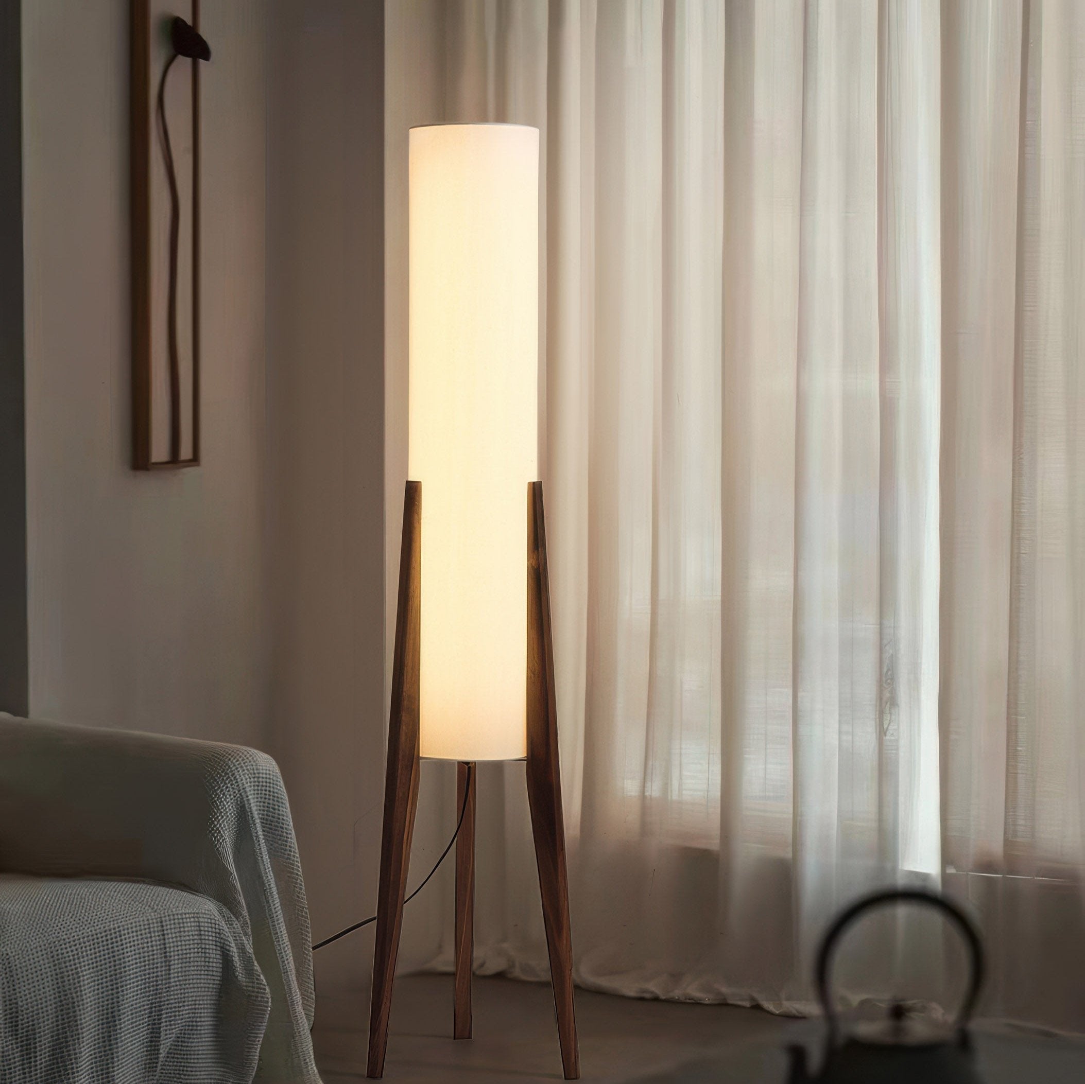 Walnut Wood Floor Lamp Nordic LED Standing Lamp with Fabric Shade