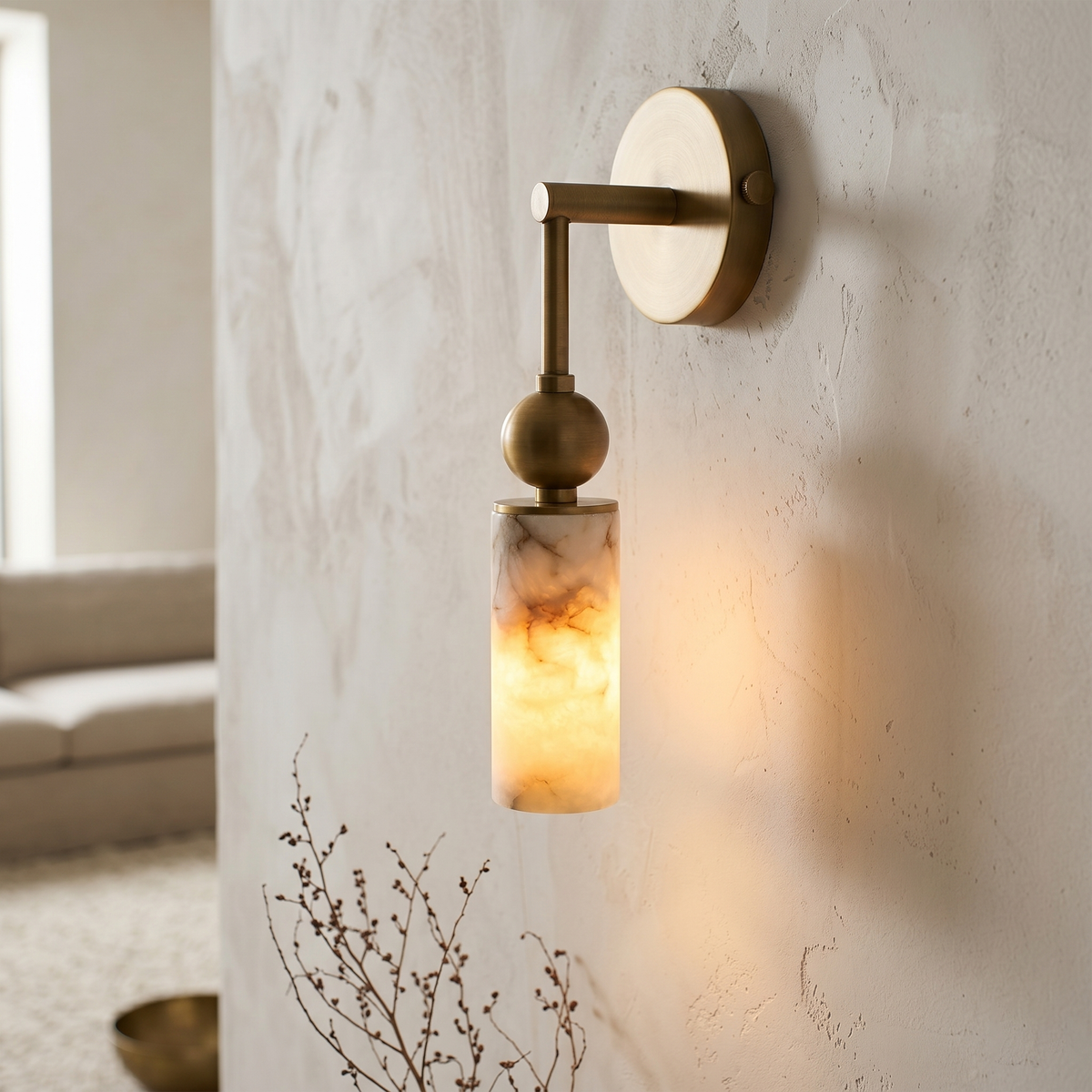 Natural Alabaster Wall Sconce with Brass Hardware | Warm Glow Bedside Light