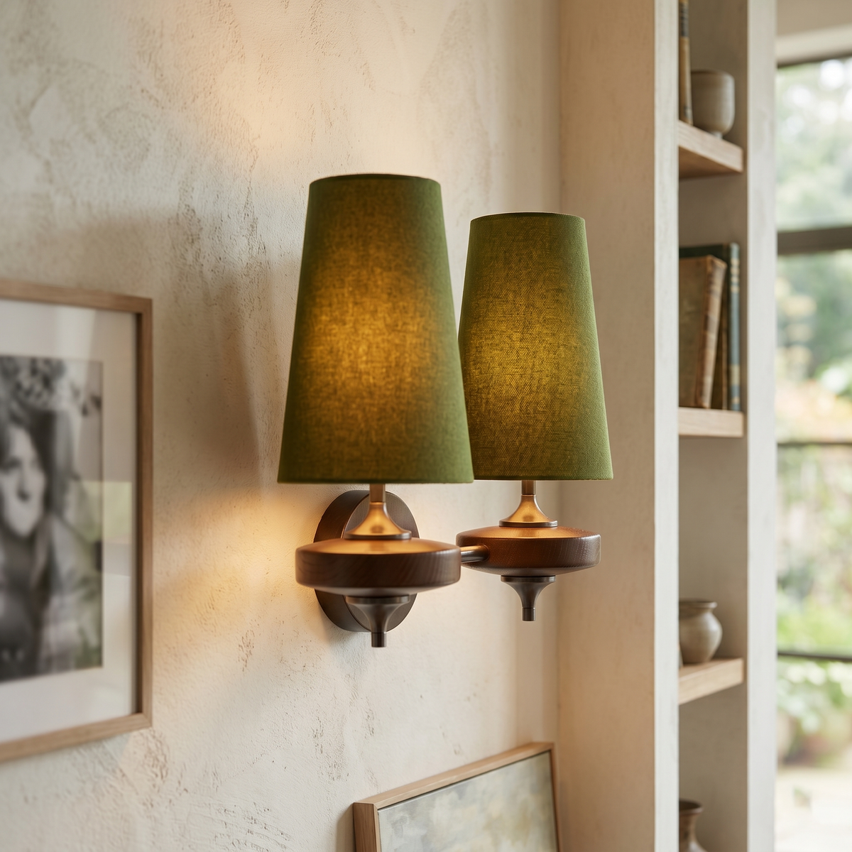 Walnut Wall Sconce with Antique Brass Hardware | Fabric Shade for Warm Ambient Light