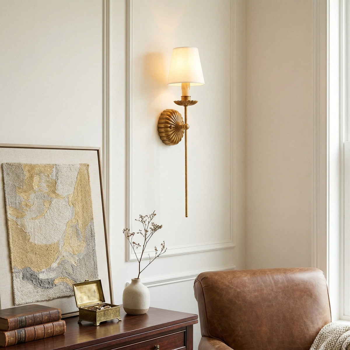 Gold Leaf Double Wall Sconce with Fabric Shades | Candle-Style Light for Hallways
