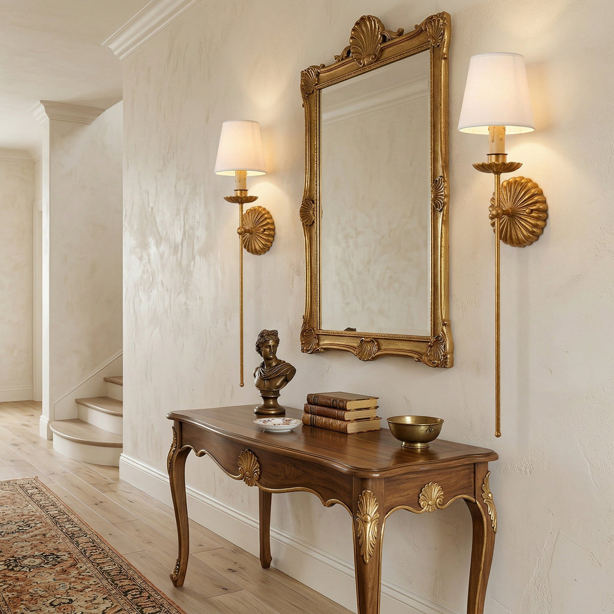 Gold Leaf Double Wall Sconce with Fabric Shades | Candle-Style Light for Hallways