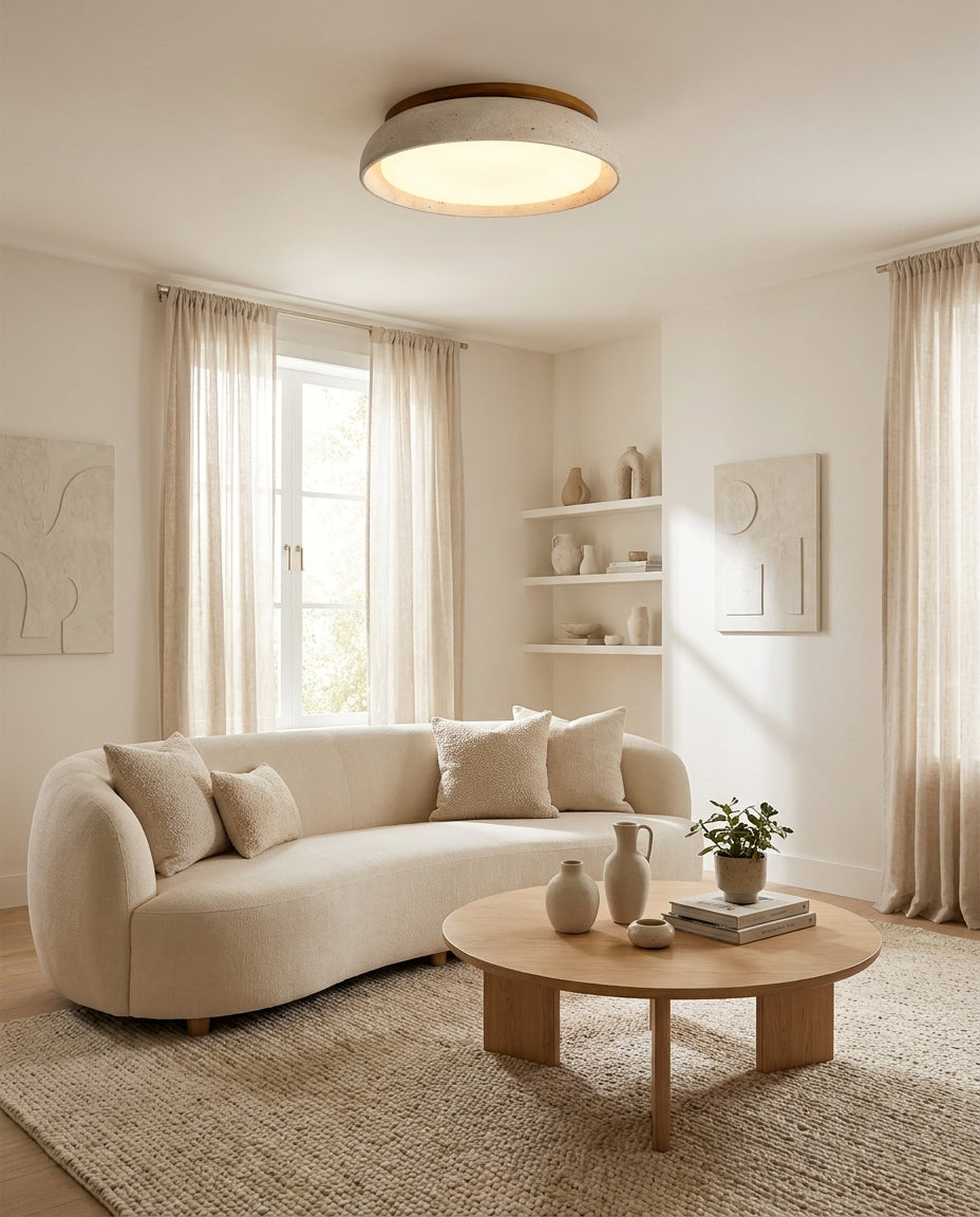 Natural Travertine Stone Ceiling Light with Warm Diffused Glow | Flush Mount