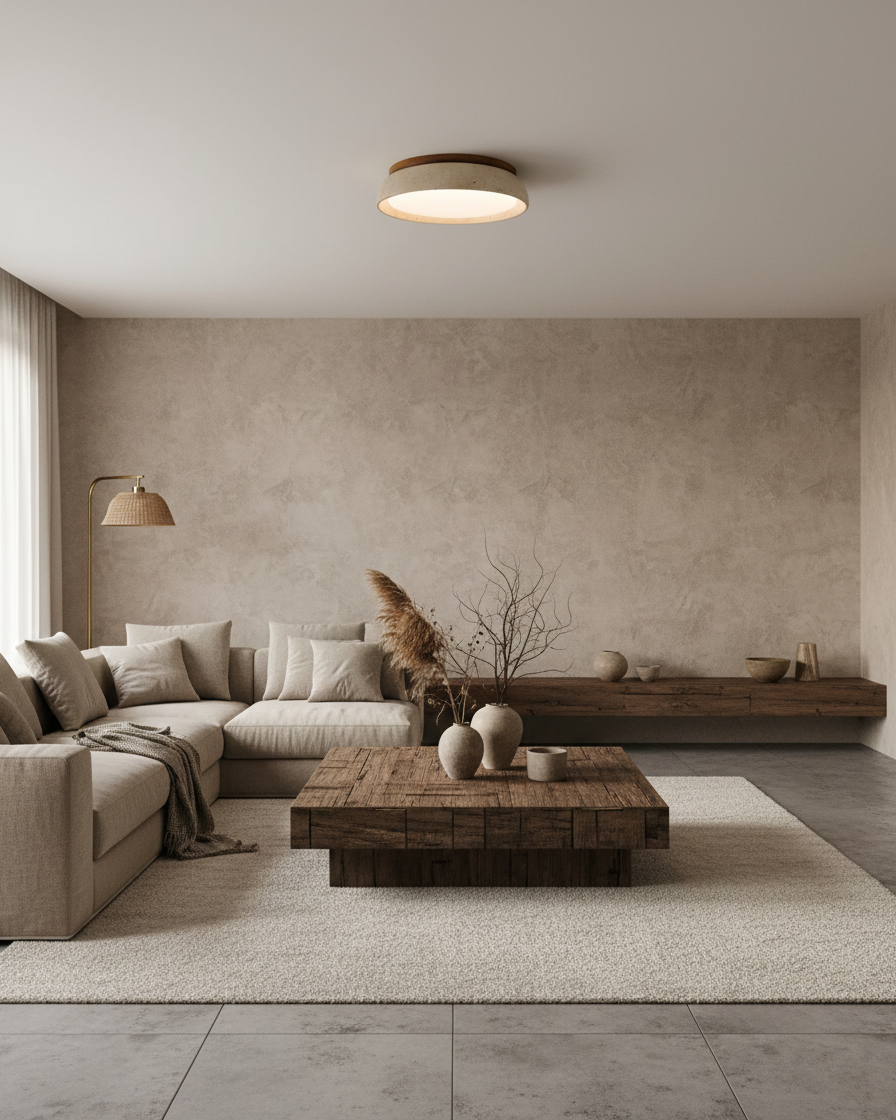 Natural Travertine Stone Ceiling Light with Warm Diffused Glow | Flush Mount