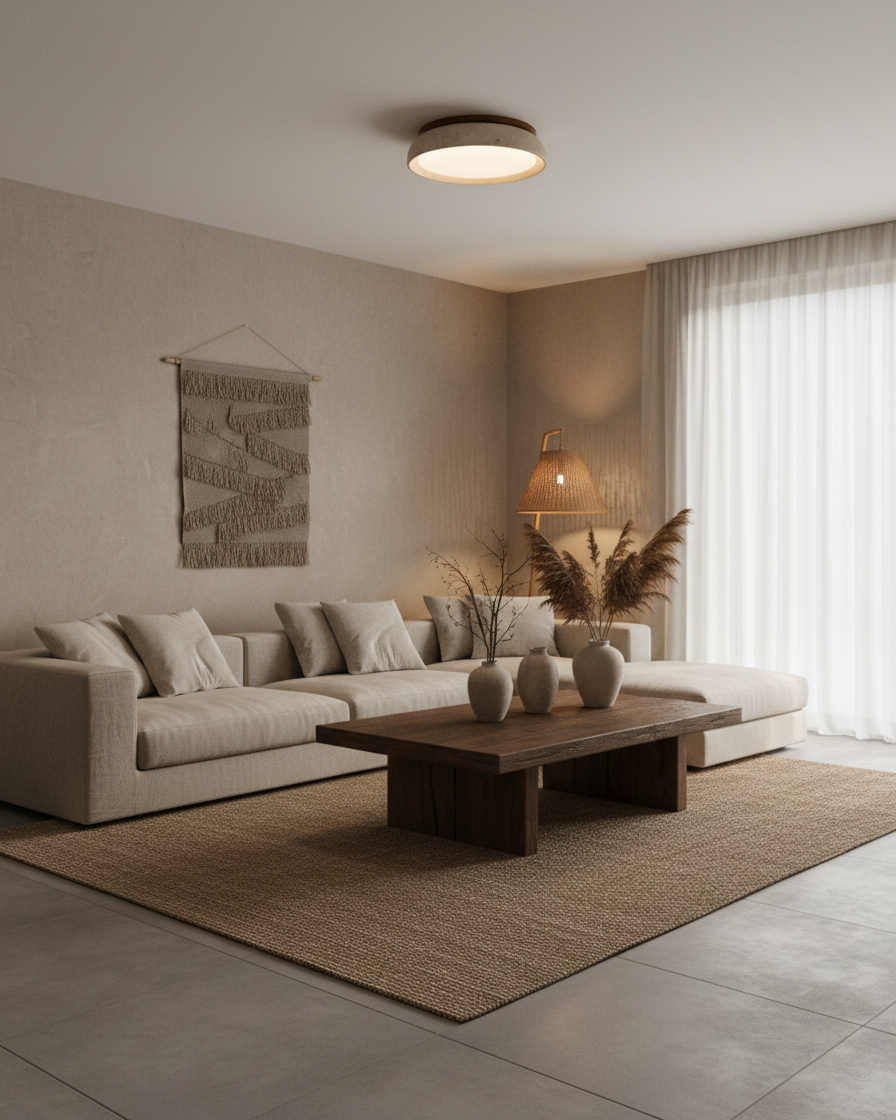 Natural Travertine Stone Ceiling Light with Warm Diffused Glow | Flush Mount