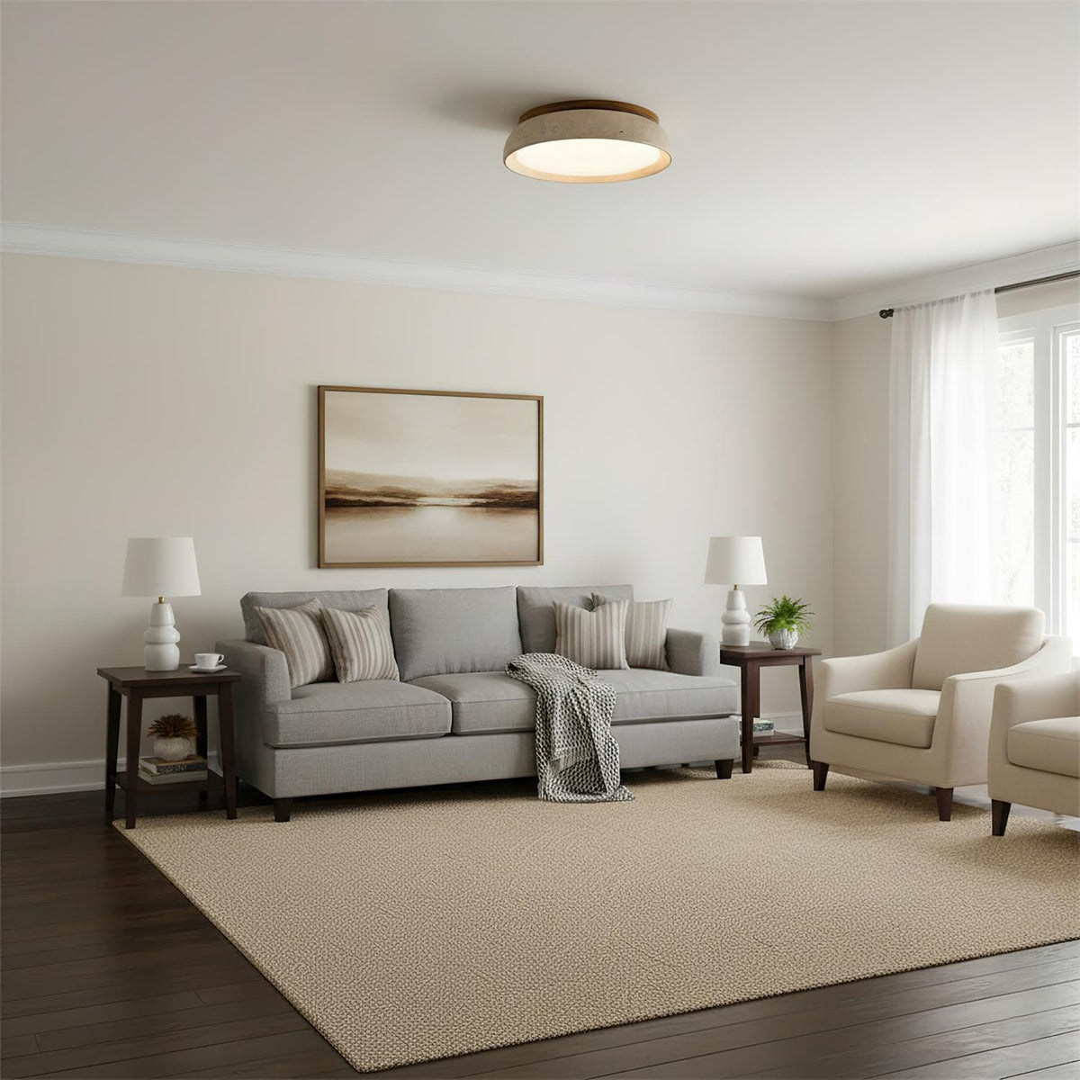 Natural Travertine Stone Ceiling Light with Warm Diffused Glow | Flush Mount