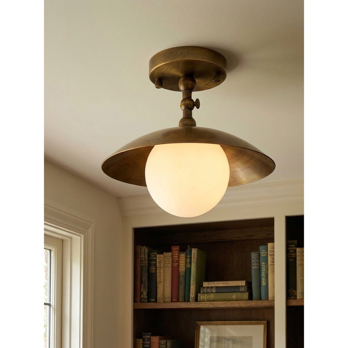 Brass Dome Semi-Flush Ceiling Lamp with Alabaster Shade | Mid-Century Light