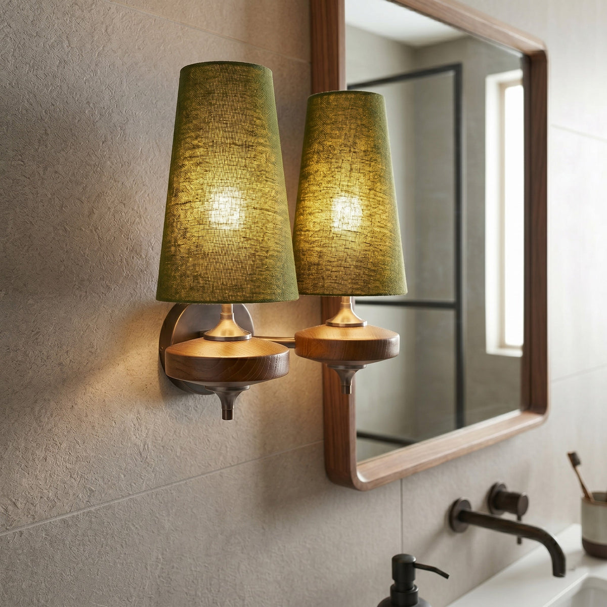 Walnut Wall Sconce with Antique Brass Hardware | Fabric Shade for Warm Ambient Light