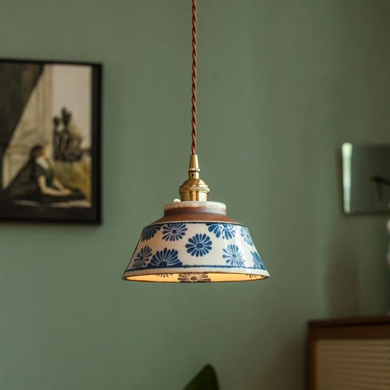Hand-Painted Ceramic Pendant Light with Copper Fixture | Floral Kitchen Light