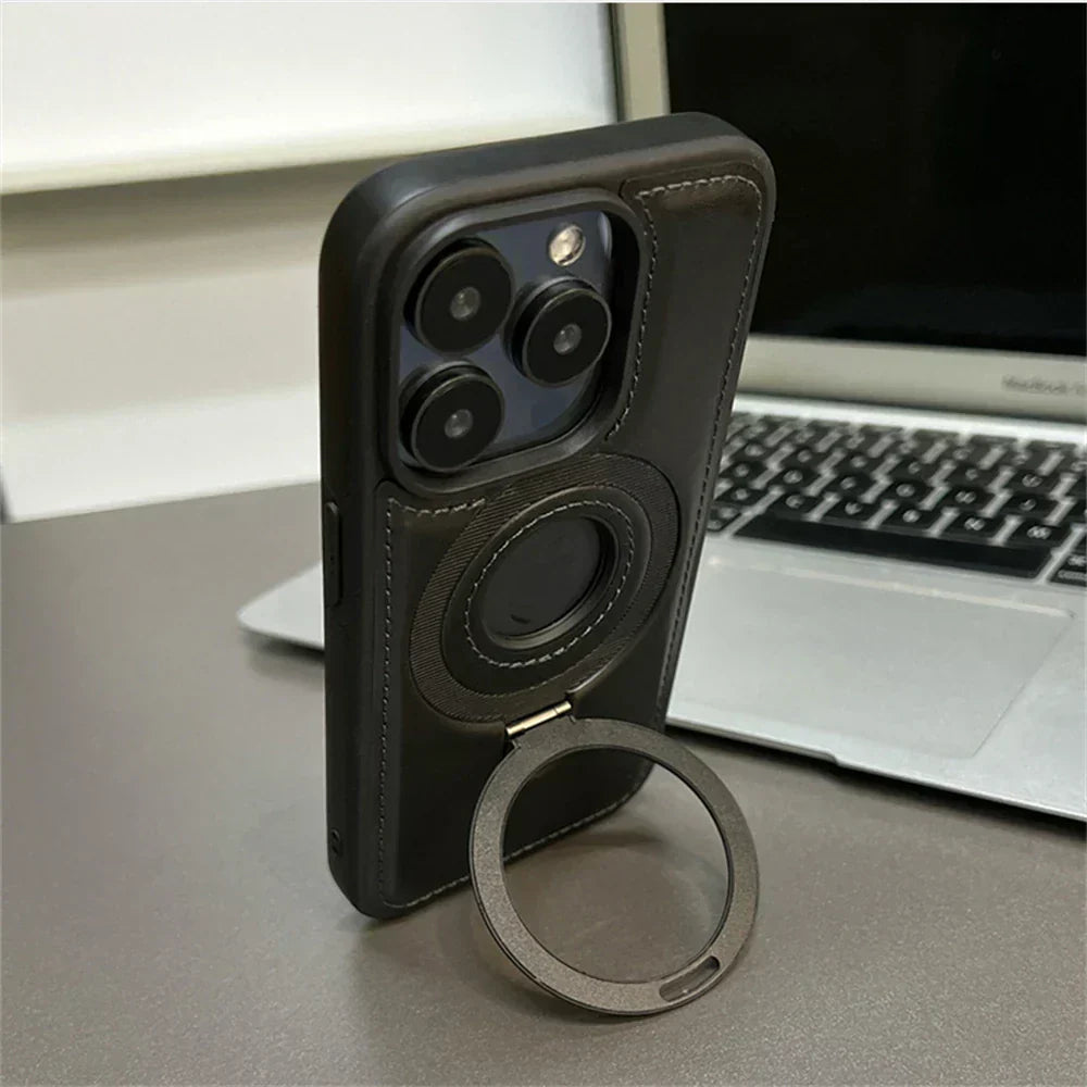 MagSafe Leather Phone Case with Ring Stand Shockproof Protective Cover