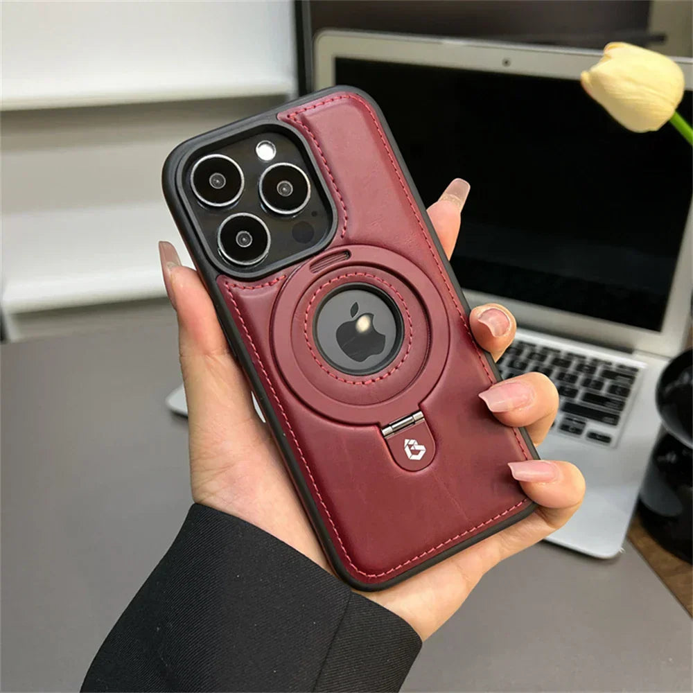 MagSafe Leather Phone Case with Ring Stand Shockproof Protective Cover