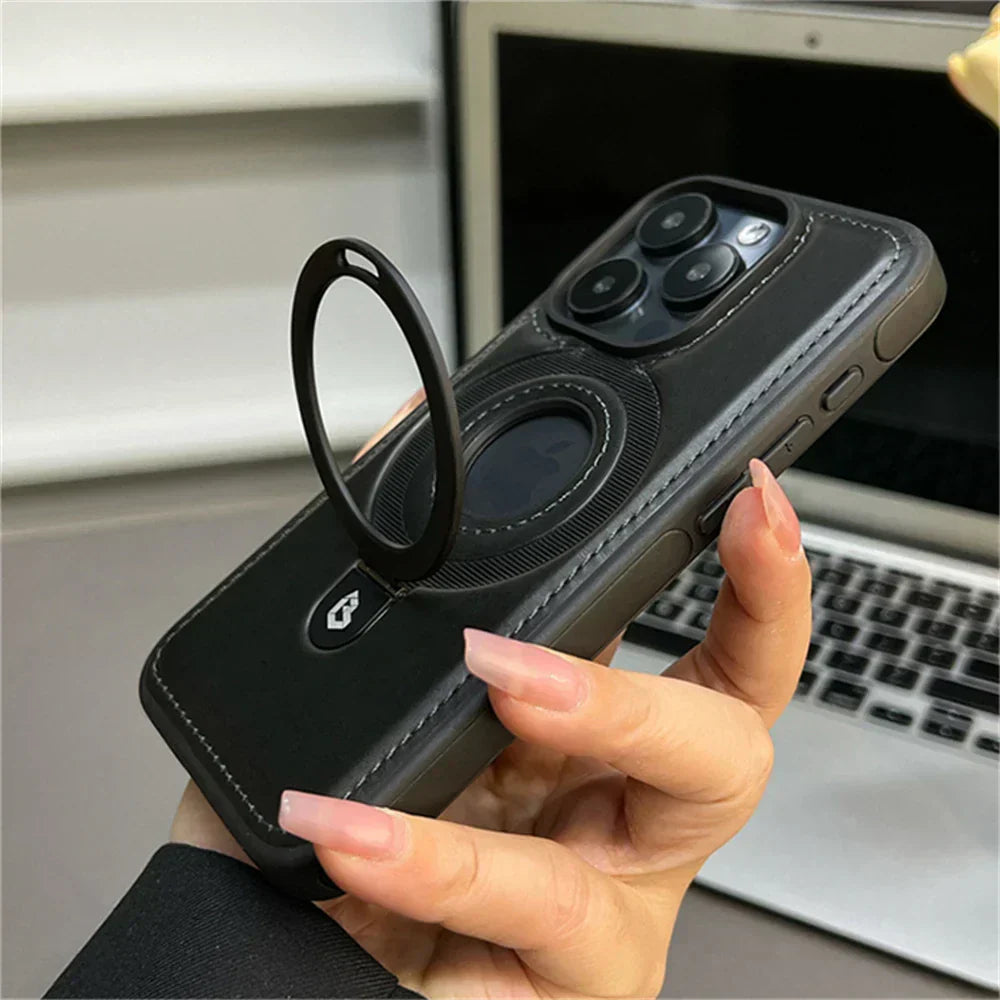 MagSafe Leather Phone Case with Ring Stand Shockproof Protective Cover