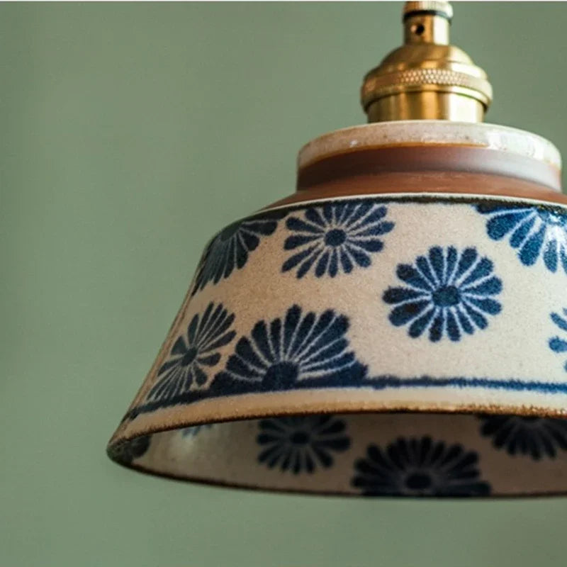 Hand-Painted Ceramic Pendant Light with Copper Fixture | Floral Kitchen Light