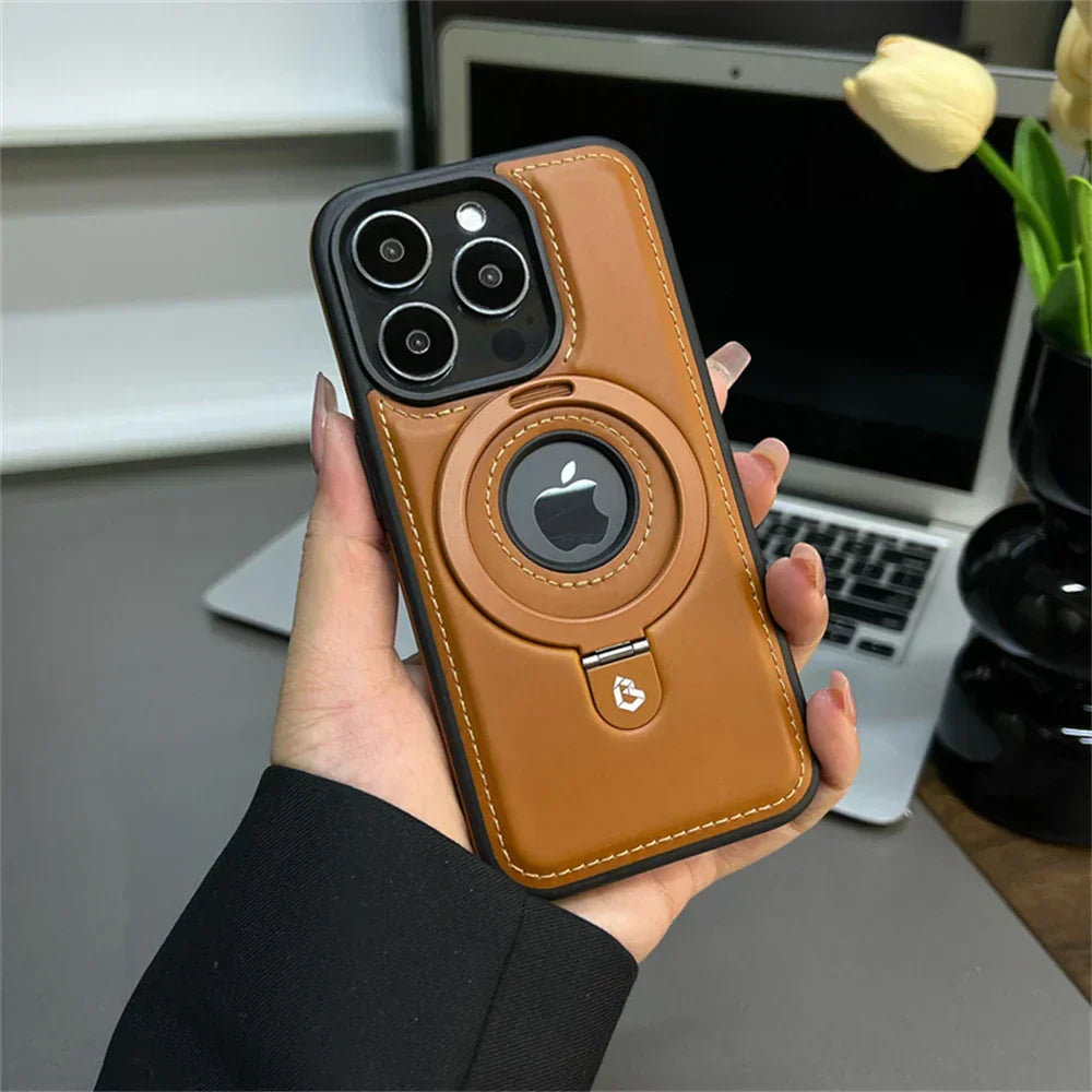 MagSafe Leather Phone Case with Ring Stand Shockproof Protective Cover