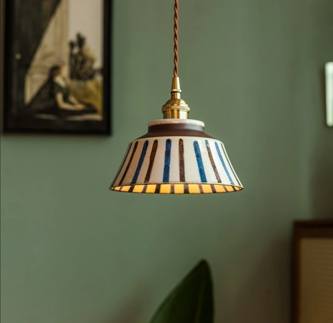 Hand-Painted Ceramic Pendant Light with Copper Fixture | Floral Kitchen Light