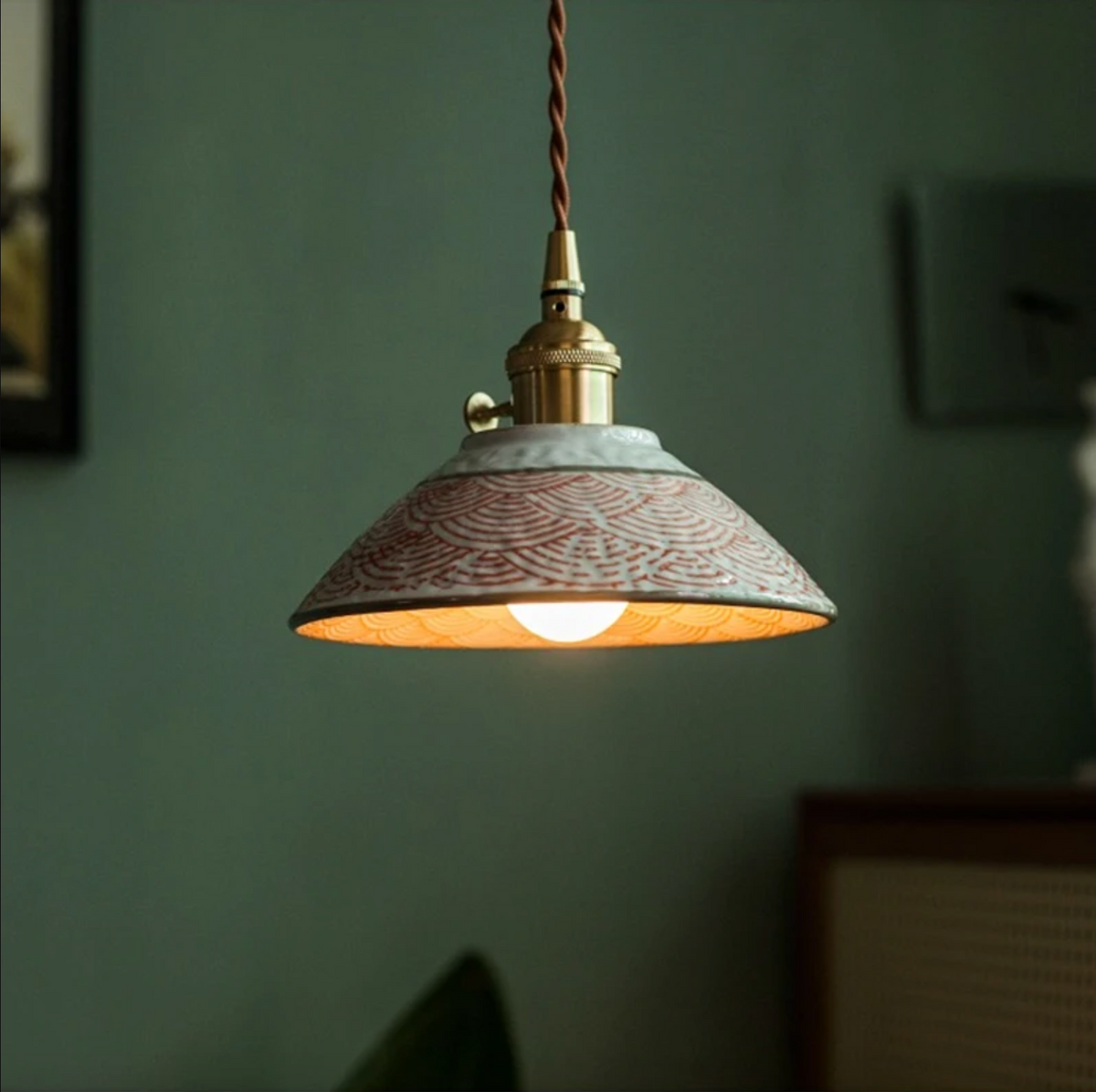 Hand-Painted Ceramic Pendant Light with Copper Fixture | Floral Kitchen Light