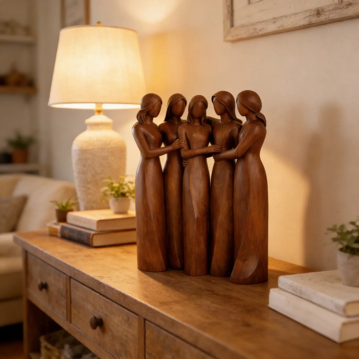 Sistora | Resin Sisters Sculpture with Wood Grain Finish | Friendship Gift for Home Decor