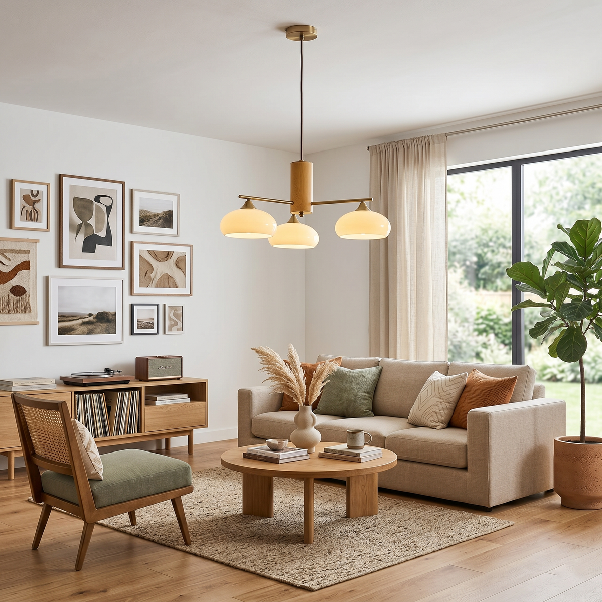 Elliptical Glass Globe Chandelier with Brass Arms | Dining Table Light Fixture