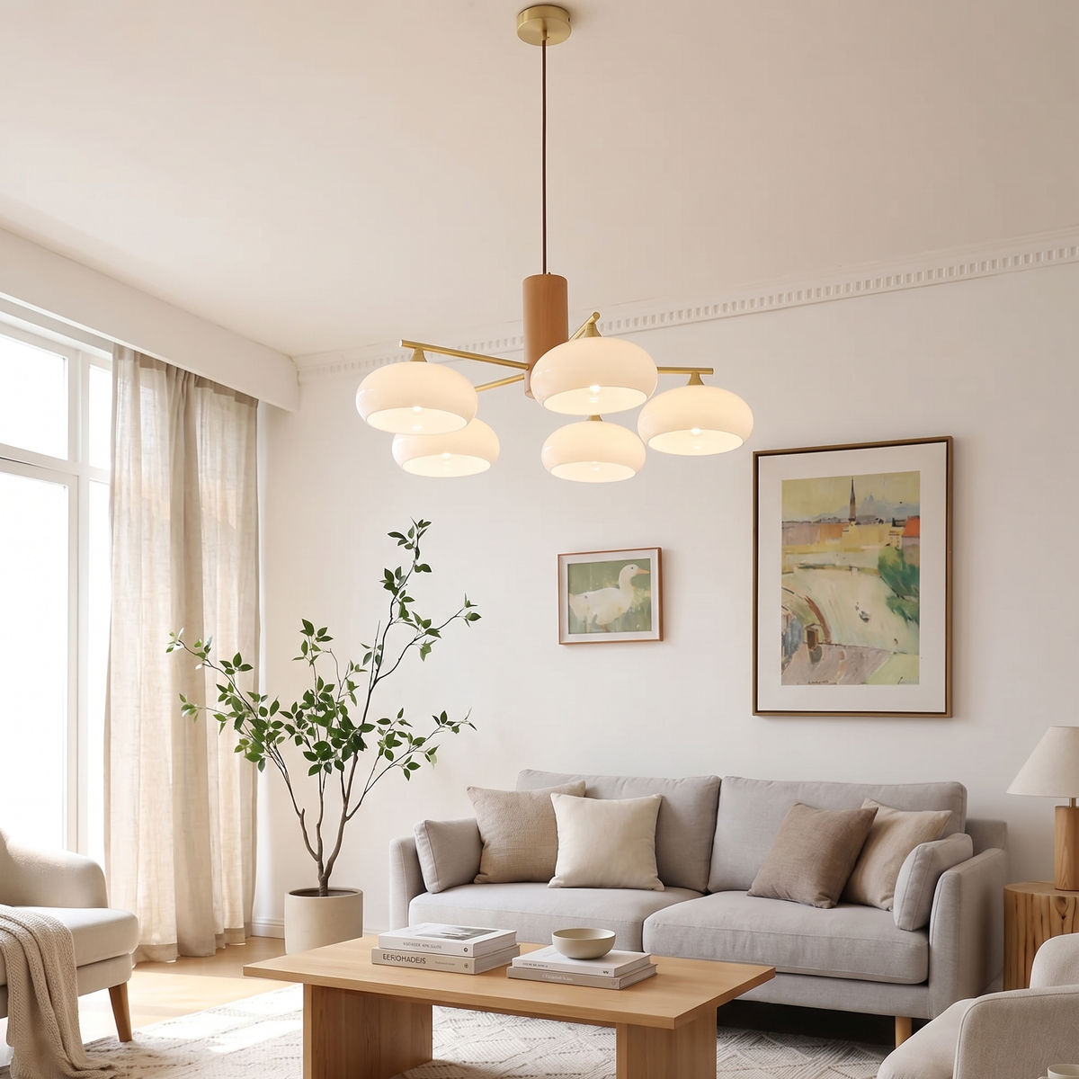 Elliptical Glass Globe Chandelier with Brass Arms | Dining Table Light Fixture