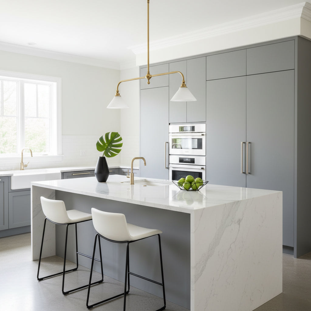 Brass Two-Head Pendant Light with Ceramic Shades | Kitchen Island Fixture