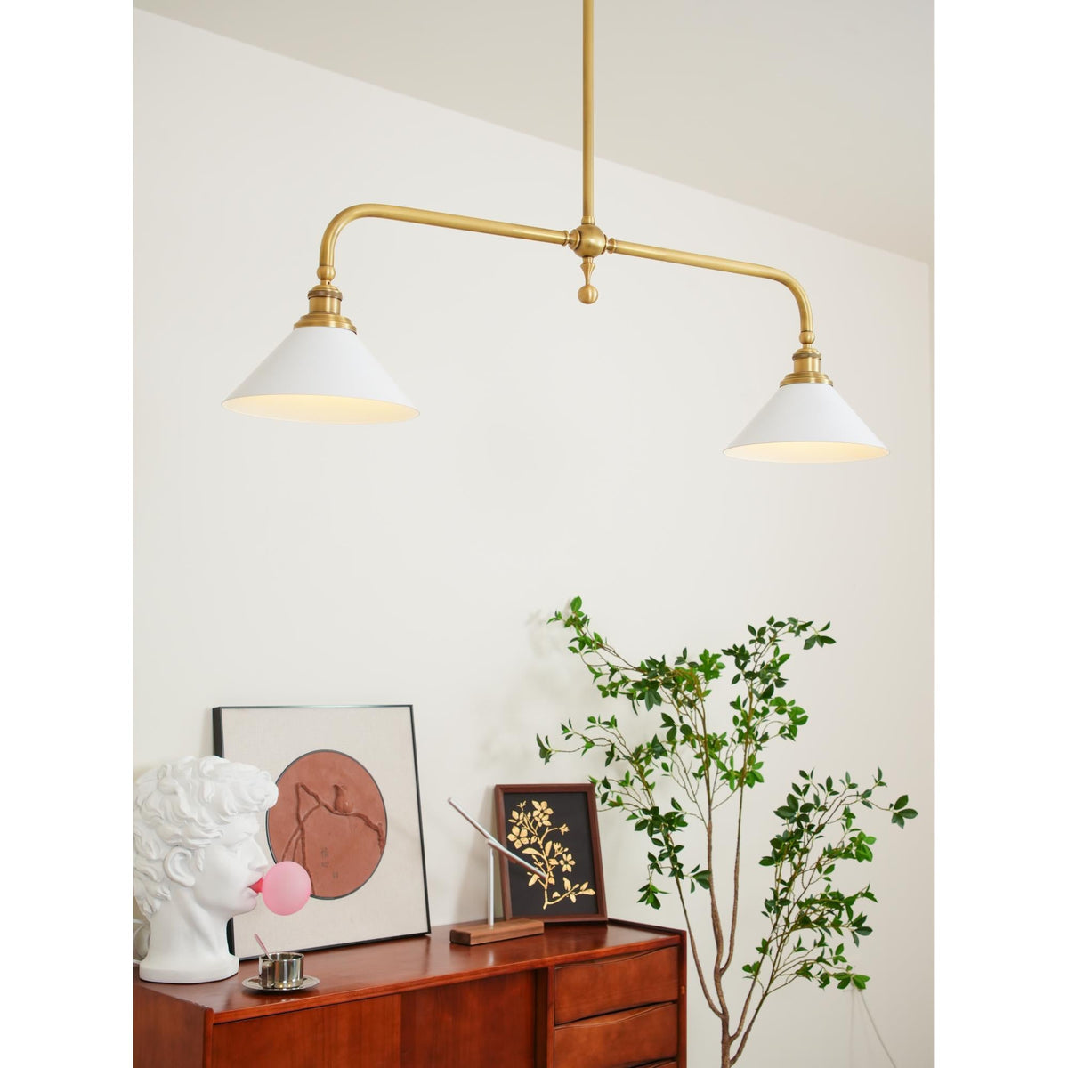 Brass Two-Head Pendant Light with Ceramic Shades | Kitchen Island Fixture