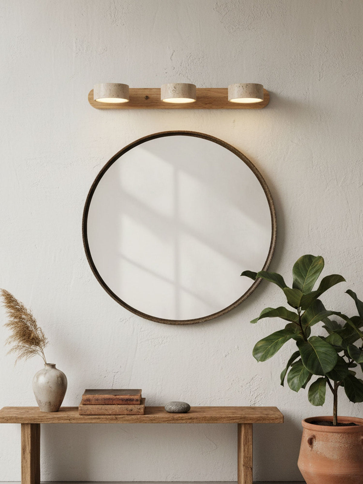Travertine Stone Wall Sconce with Dimmable LED | Natural Wood Accent for Warm Ambient Glow