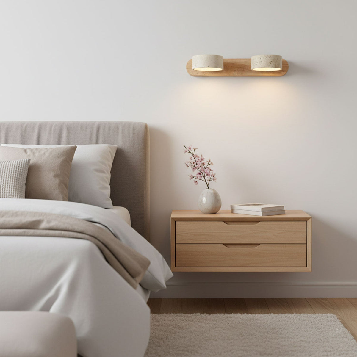 Travertine Stone Wall Sconce with Dimmable LED | Natural Wood Accent for Warm Ambient Glow