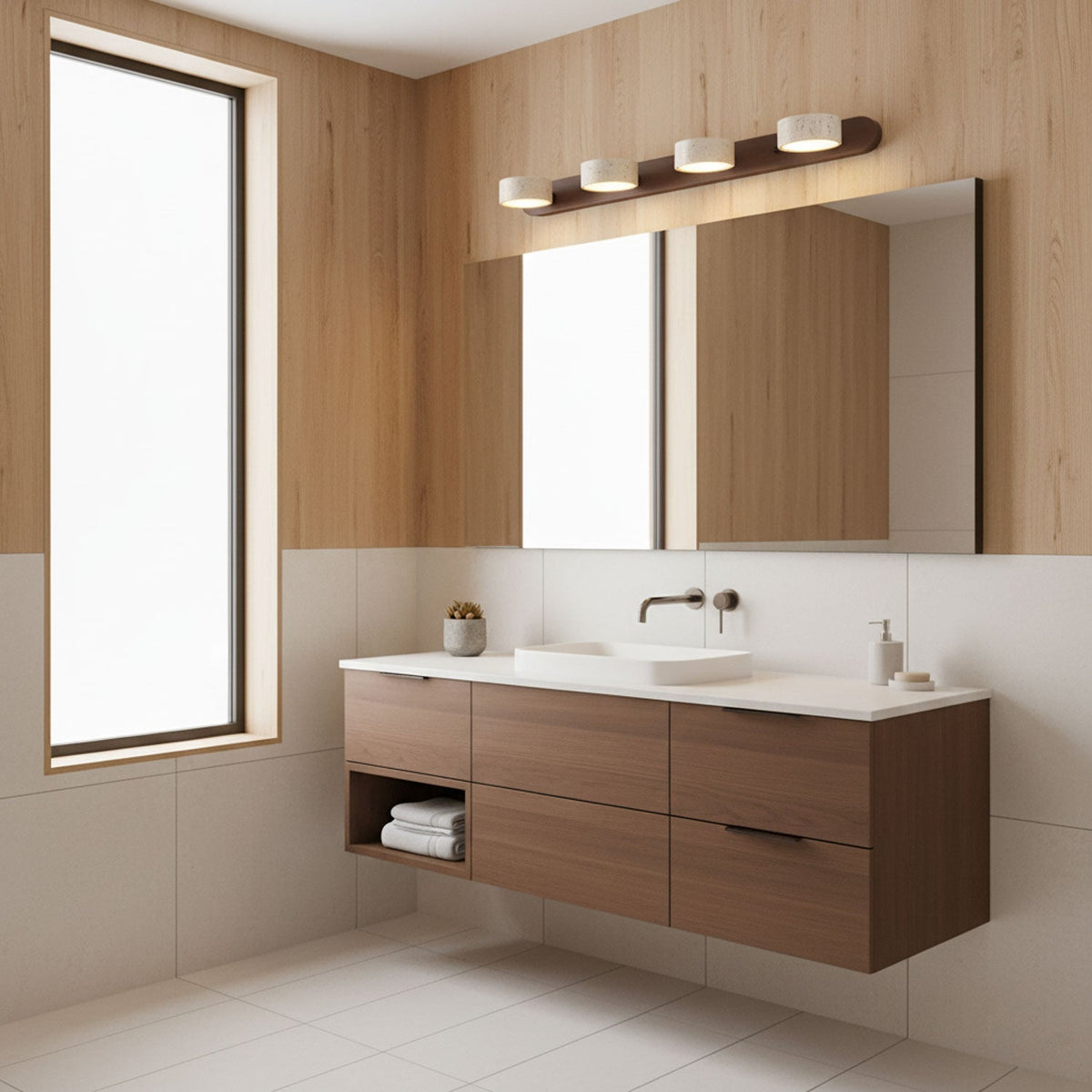Travertine Stone Wall Sconce with Dimmable LED | Natural Wood Accent for Warm Ambient Glow