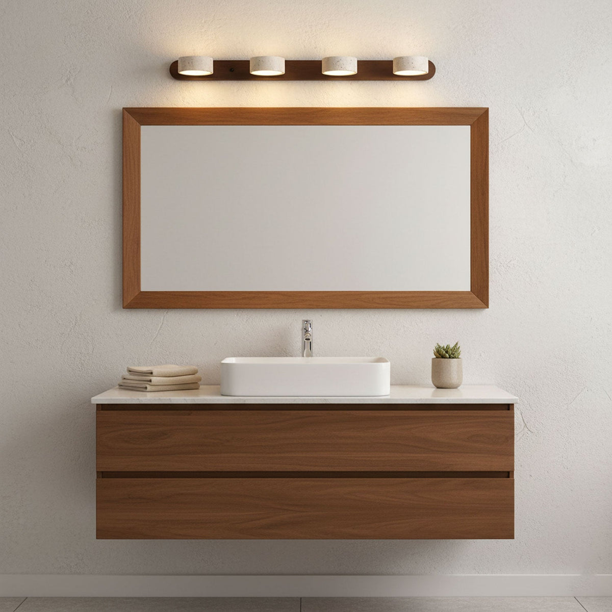 Travertine Stone Wall Sconce with Dimmable LED | Natural Wood Accent for Warm Ambient Glow