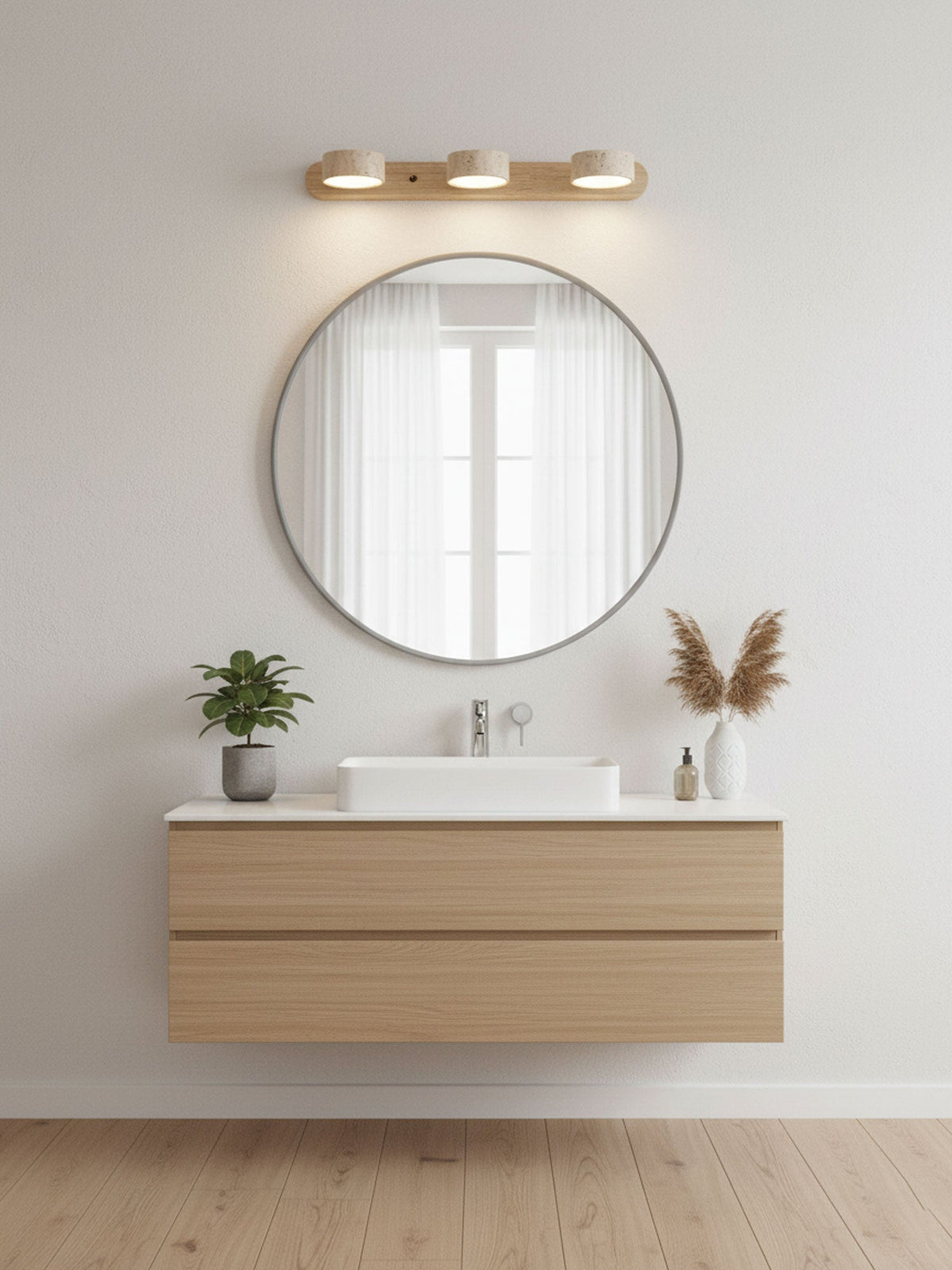 Travertine Stone Wall Sconce with Dimmable LED | Natural Wood Accent for Warm Ambient Glow