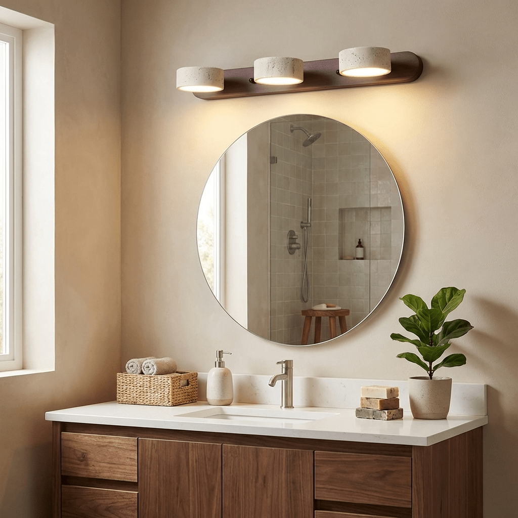 Travertine Stone Wall Sconce with Dimmable LED | Natural Wood Accent for Warm Ambient Glow