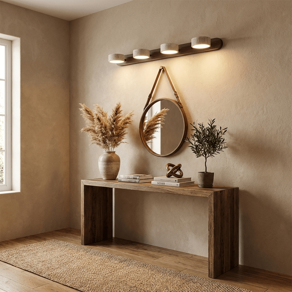 Travertine Stone Wall Sconce with Dimmable LED | Natural Wood Accent for Warm Ambient Glow