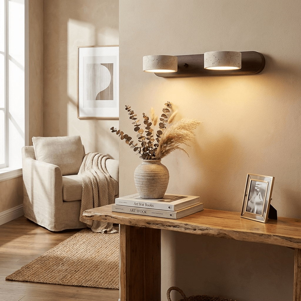 Travertine Stone Wall Sconce with Dimmable LED | Natural Wood Accent for Warm Ambient Glow