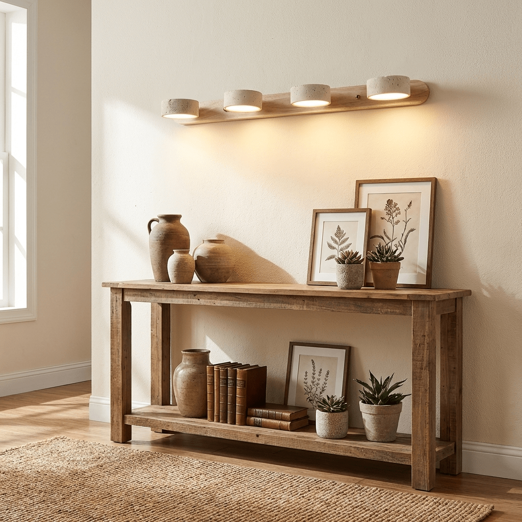 Travertine Stone Wall Sconce with Dimmable LED | Natural Wood Accent for Warm Ambient Glow