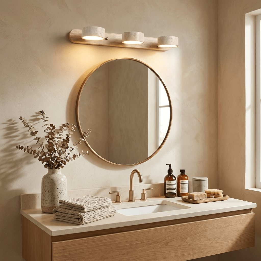 Travertine Stone Wall Sconce with Dimmable LED | Natural Wood Accent for Warm Ambient Glow