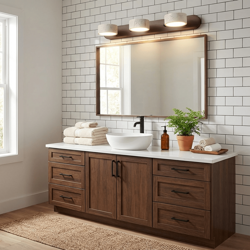 Travertine Stone Wall Sconce with Dimmable LED | Natural Wood Accent for Warm Ambient Glow