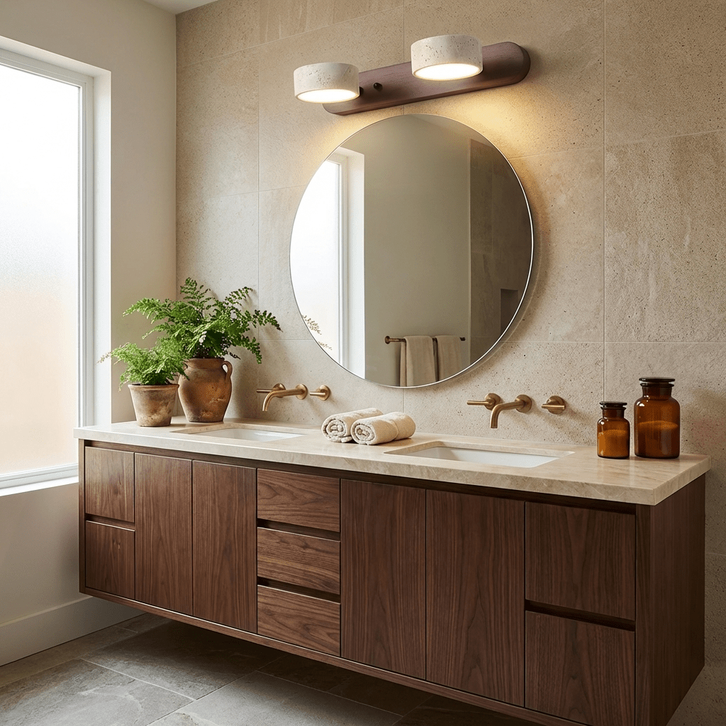 Travertine Stone Wall Sconce with Dimmable LED | Natural Wood Accent for Warm Ambient Glow