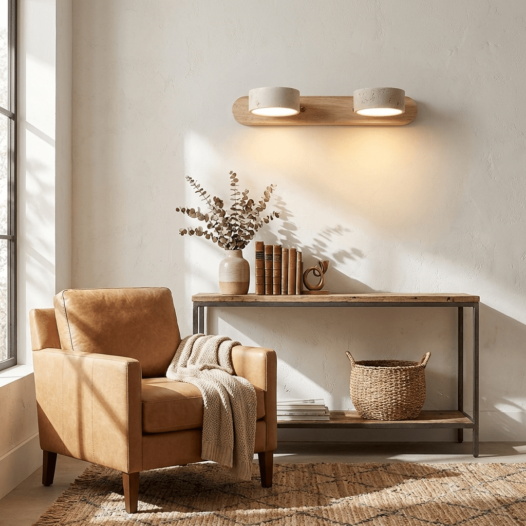 Travertine Stone Wall Sconce with Dimmable LED | Natural Wood Accent for Warm Ambient Glow
