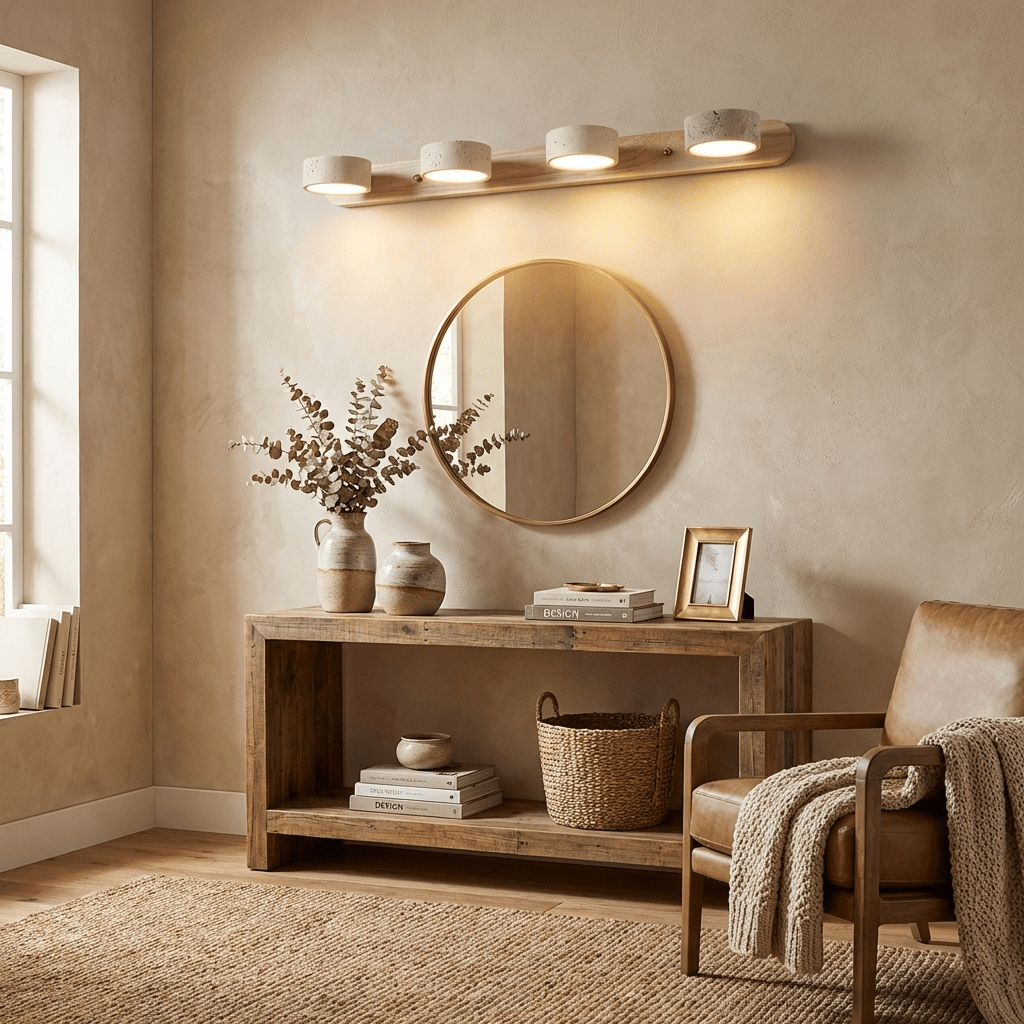 Travertine Stone Wall Sconce with Dimmable LED | Natural Wood Accent for Warm Ambient Glow