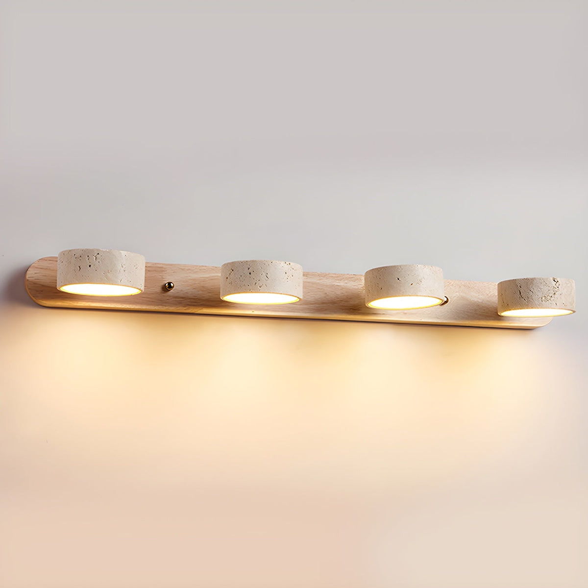 Travertine Stone Wall Sconce with Dimmable LED | Natural Wood Accent for Warm Ambient Glow