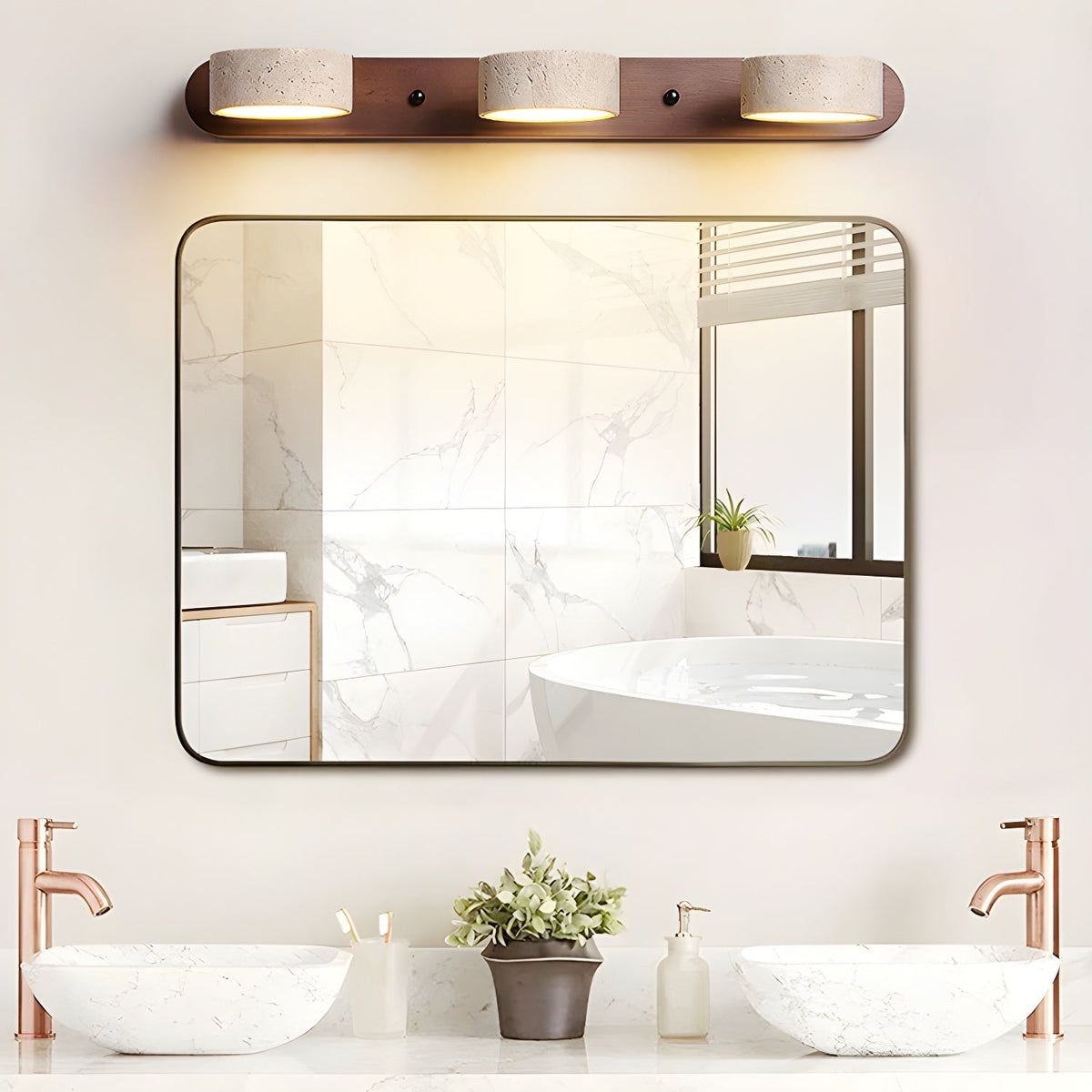 Travertine Stone Wall Sconce with Dimmable LED | Natural Wood Accent for Warm Ambient Glow
