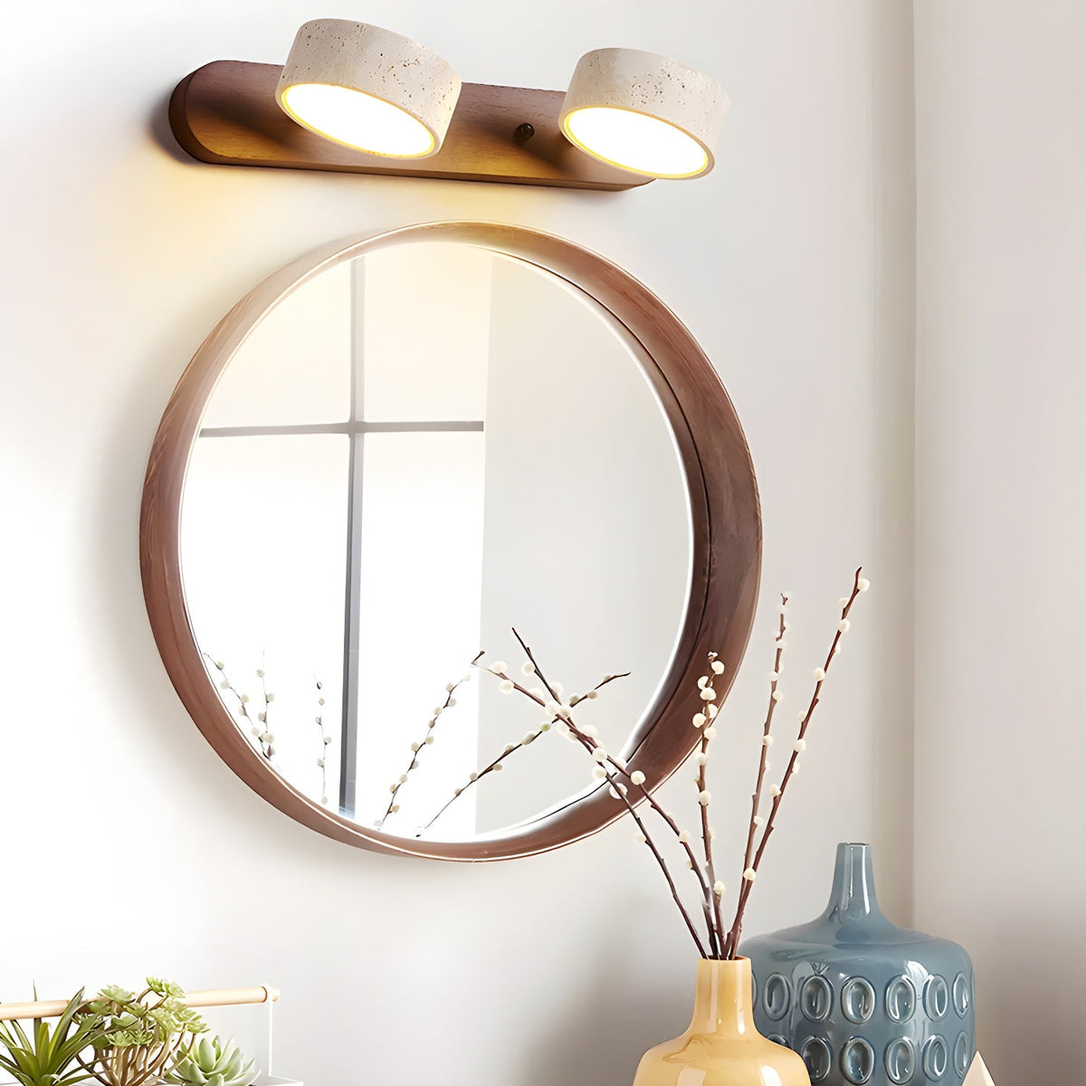 Travertine Stone Wall Sconce with Dimmable LED | Natural Wood Accent for Warm Ambient Glow