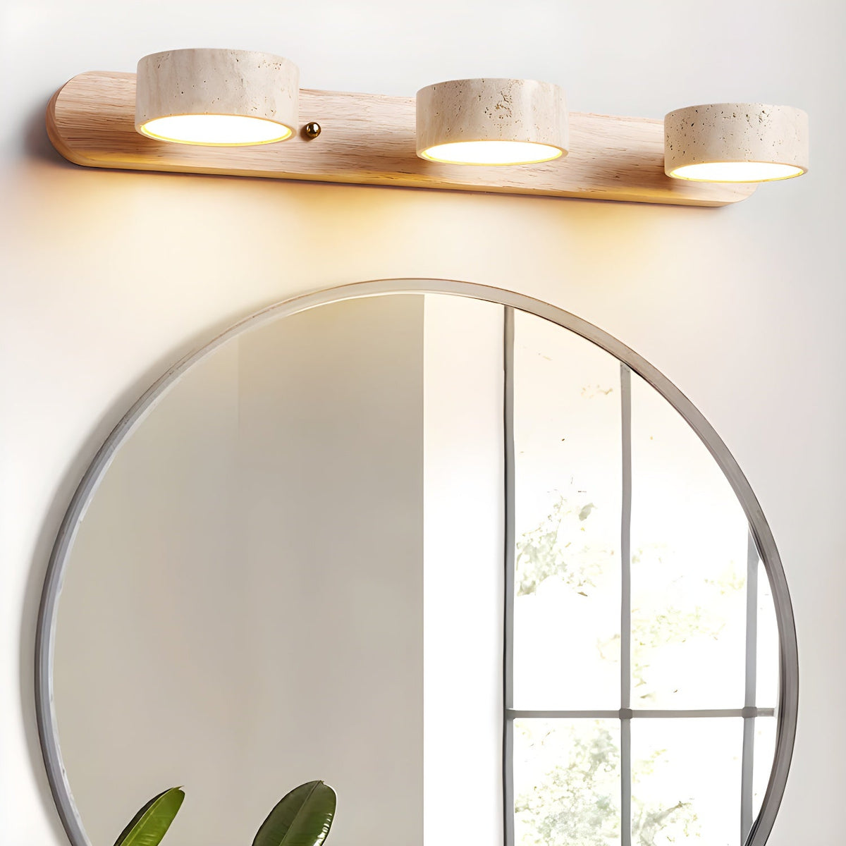 Travertine Stone Wall Sconce with Dimmable LED | Natural Wood Accent for Warm Ambient Glow