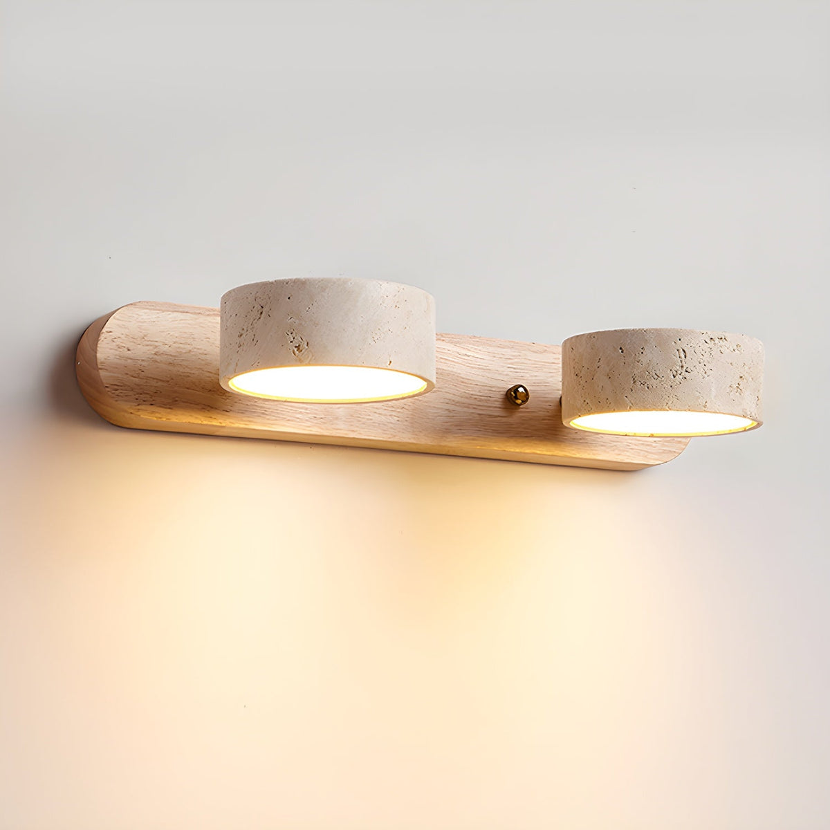 Travertine Stone Wall Sconce with Dimmable LED | Natural Wood Accent for Warm Ambient Glow