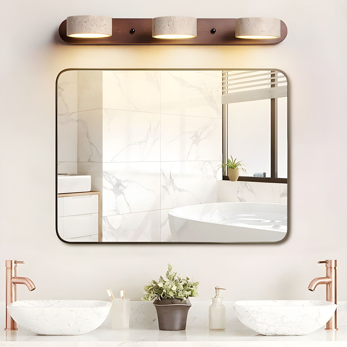 Travertine Stone Wall Sconce with Dimmable LED | Natural Wood Accent for Warm Ambient Glow