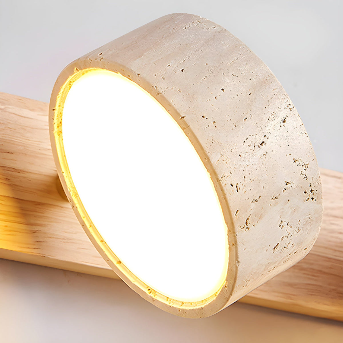 Travertine Stone Wall Sconce with Dimmable LED | Natural Wood Accent for Warm Ambient Glow